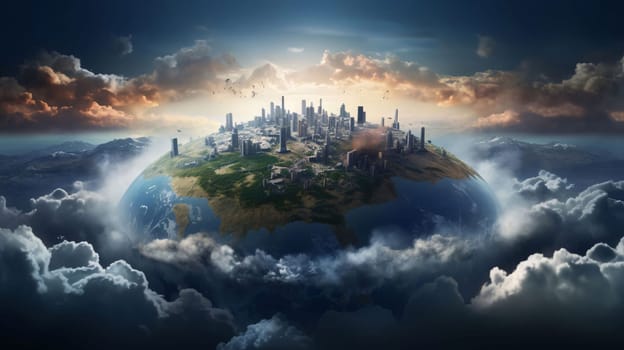 Earth Day: Planet earth and modern city in the clouds. Elements of this image furnished by NASA