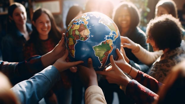 Earth Day: Group of diverse people holding a globe in their hands. Global communication concept.