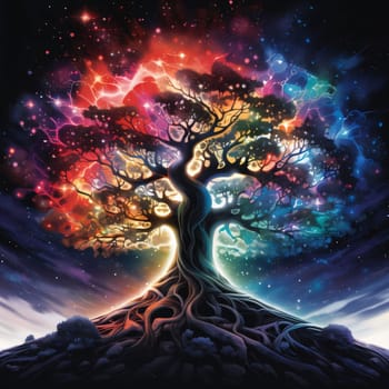 Earth Day: Fantasy tree in the night sky. 3D rendering. Illustration.