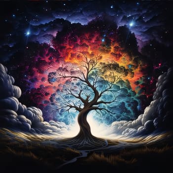 Earth Day: Fantasy landscape with a tree and clouds in the night sky.