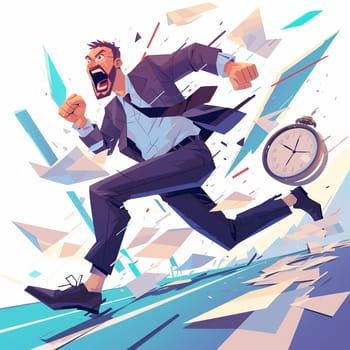 An illustration showing a businessman in a suit sprinting away from a large, looming clock, symbolizing running out of time in a hectic work environment.