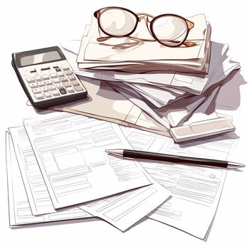 A cluttered desk with a messy pile of papers, a pair of glasses, and a calculator, showcasing a busy business environment.