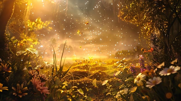 Earth Day: Fantasy flower garden in the morning with golden light and fog.