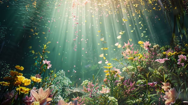 Earth Day: Flower garden in the morning with sunbeams and lens flare