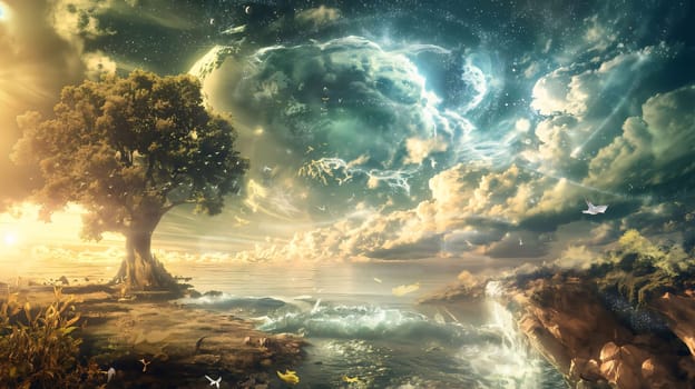 Earth Day: Fantasy landscape with a tree in the sea. 3d rendering