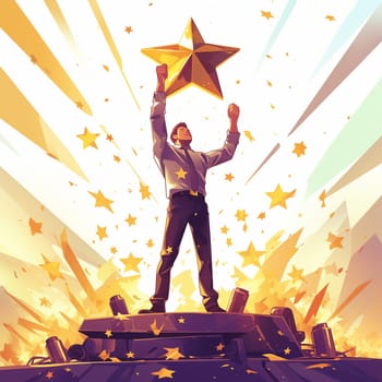 A businessman stands atop a platform, reaching high to hold a golden star, symbolizing achievement and success amid a burst of sparkling lights.