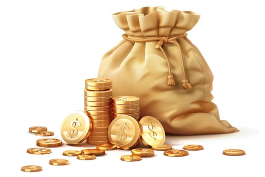 A collection of gold coins packed in a sack bag placed on a clean white background.