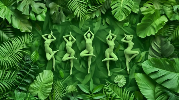 A group of vibrant green mannequins standing in a forest surrounded by lush green leaves.