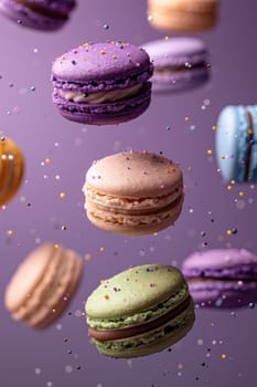 A colorful assortment of macarons are flying through the air, with some of them landing on a blue background. The macarons come in a variety of colors and flavors, including blueberry, raspberry