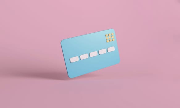 3D illustration of a light blue credit card, hovering elegantly over a soft pink background, representing financial concepts.