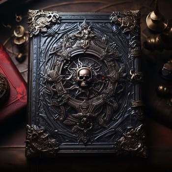 World Book Day: Ancient magic book with skull and divination wheel. Halloween concept.
