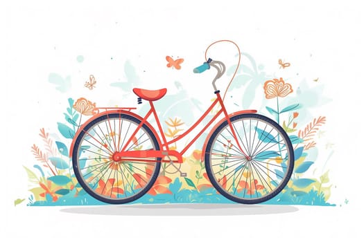 An illustration featuring a bicycle at the center, surrounded by a variety of vibrant flowers and colorful butterflies fluttering around.