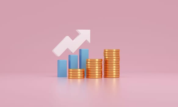 3D illustration depicting financial growth, featuring a white upward arrow among rising blue bar graphs and stacks of gold coins, set against a soft pink background.