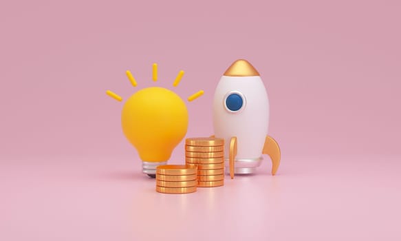 3D rendering showcasing a glowing yellow light bulb, a white and gold rocket, and stacks of gold coins, all set a pink background, symbolizing innovation, growth, and investment.