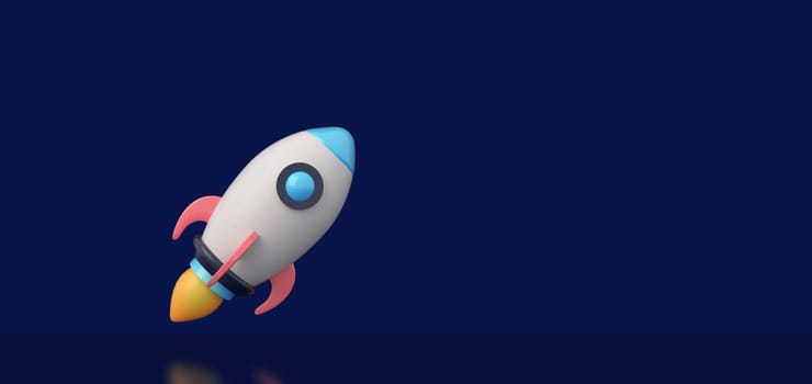 Panoramic 3D illustration of 3D Rocket in Space. start up or new business concept.