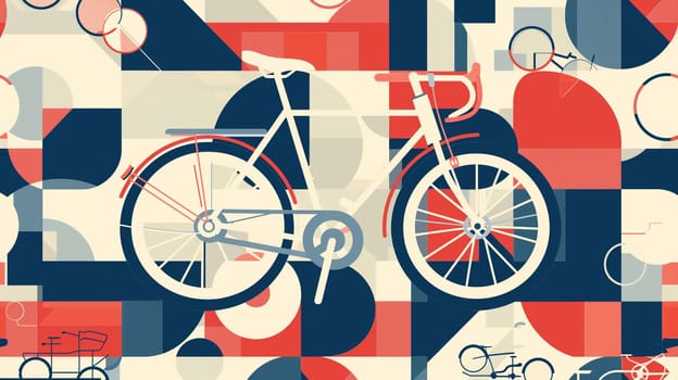 Illustration of a bicycle standing on a red, blue, and white background.