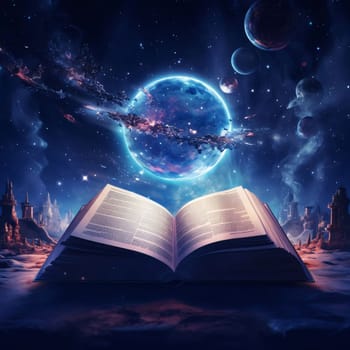 World Book Day: Open book with planet on the background of the night sky. 3d rendering