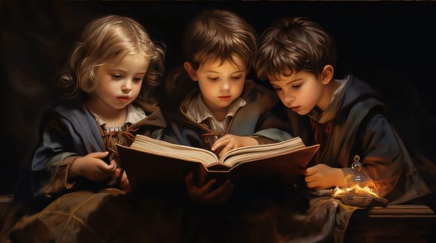 World Book Day: Three little children reading a book in the dark room at night.