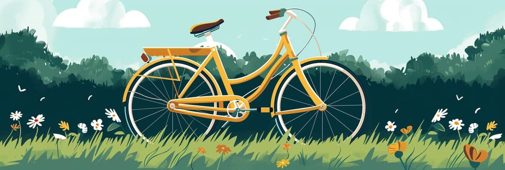 A vibrant yellow bicycle is parked amidst a picturesque field of colorful flowers.