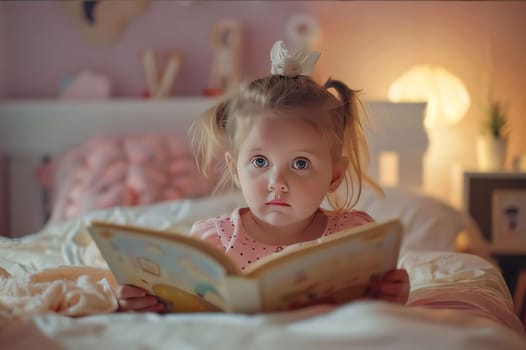 World Book Day: Cute little girl reading a book in her bed at home.