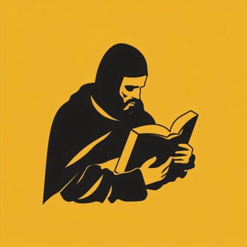 World Book Day: Hooded man reading a book isolated on a yellow background.