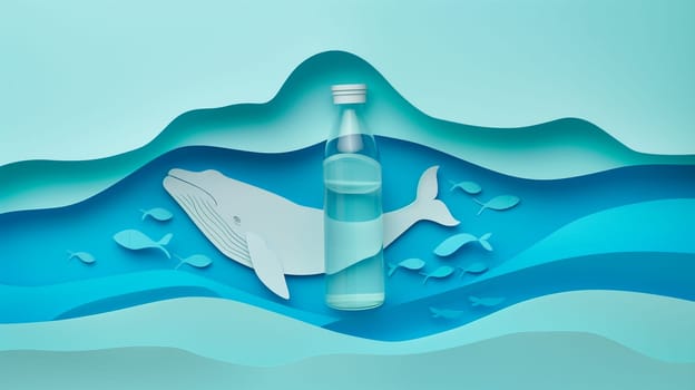 A paper bottle holds a tiny whale figurine inside, symbolizing the importance of protecting marine life on World Oceans Day.
