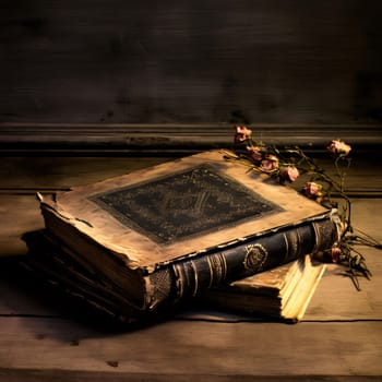 World Book Day: Old books and dried flowers on wooden background. Toned image.