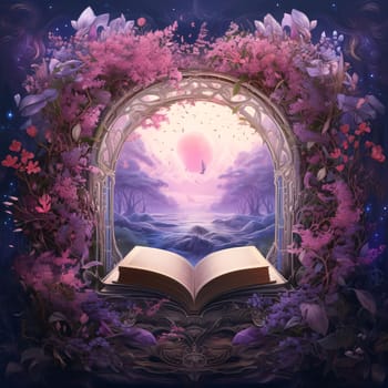 World Book Day: Open book in the frame of magic lake with pink flowers. 3D rendering.