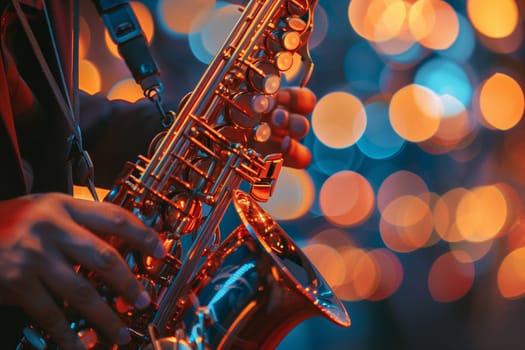 A person playing a saxophone, surrounded by vibrant lights at a jazz festival.