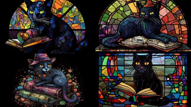 World Book Day: Illustration in stained glass style with black cats and books on a black background