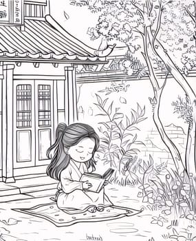 World Book Day: Illustration of a young girl reading a book in the garden.