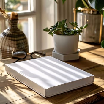 World Book Day: Blank book on wooden table with sunbeams through the window