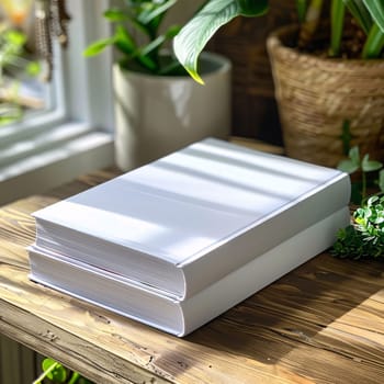 World Book Day: Blank white book mockup on wooden table with green plants.