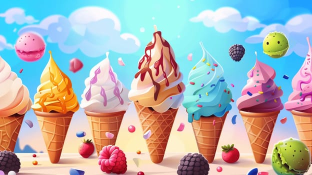 A row of colorful ice cream cones each with a different flavor, lined up neatly against a plain background.