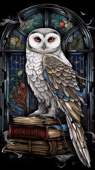 World Book Day: Illustration of an owl sitting on books in front of a window.