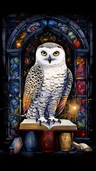 World Book Day: Owl sitting on a book in front of a stained glass window