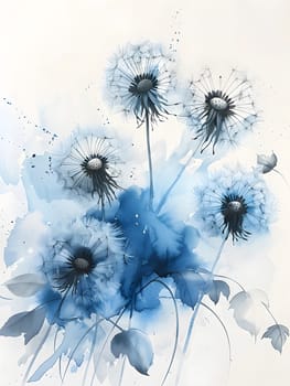 A beautiful watercolor painting of electric blue dandelions on a white background, showcasing the symmetry and intricate patterns of this flowering plant in stunning detail