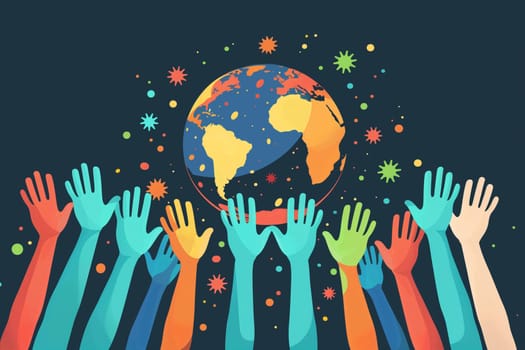 Multiple colorful hands reach up toward a globe, symbolizing unity and diversity on World Humanist Day.
