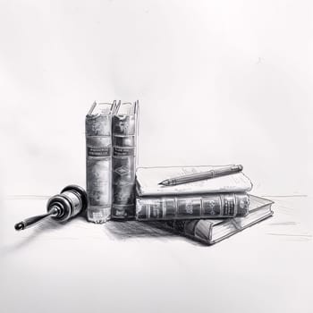 World Book Day: Gavel and a stack of dollars on a white background. Pencil drawing.