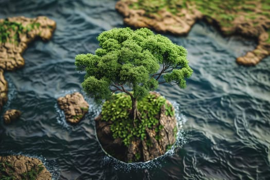 A tree is rooted on a rock in the middle of the ocean, showcasing a unique natural occurrence.
