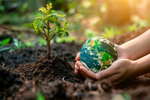 A childs hands gently cradle a globe while sitting in the dirt, symbolizing a connection to the earth on World Environment Day.