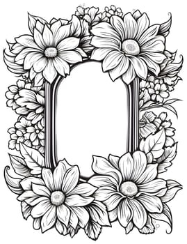 A black and white monochromatic frame adorned with flowers creates a stylish and visually captivating composition.