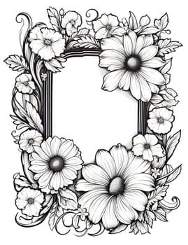 A black and white monochromatic frame adorned with flowers creates a stylish and visually captivating composition.