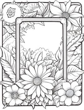 A black and white monochromatic frame adorned with flowers creates a stylish and visually captivating composition.