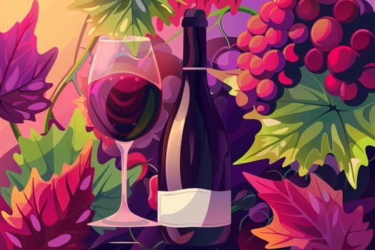 A painting featuring a detailed wine glass filled with red wine next to a cluster of ripe grapes on a vine, showcasing the essence of a wine festival.