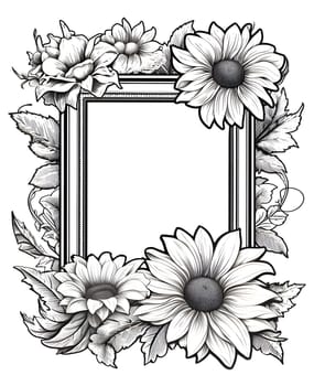 A black and white monochromatic frame adorned with flowers creates a stylish and visually captivating composition.