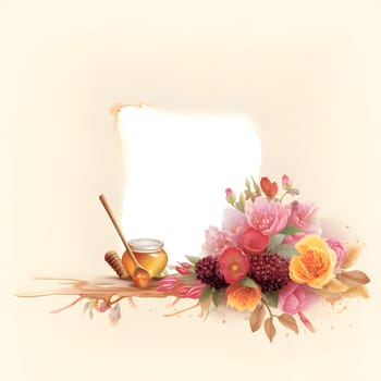 A frame adorned with honey, bees, fruits, and flowers against a light background creates a charming and visually appealing composition.