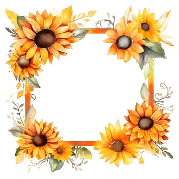 A circular frame adorned with cheerful sunflowers is positioned on a clean white background, creating a captivating and visually appealing arrangement.