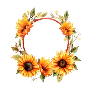 A circular frame adorned with cheerful sunflowers is positioned on a clean white background, creating a captivating and visually appealing arrangement.