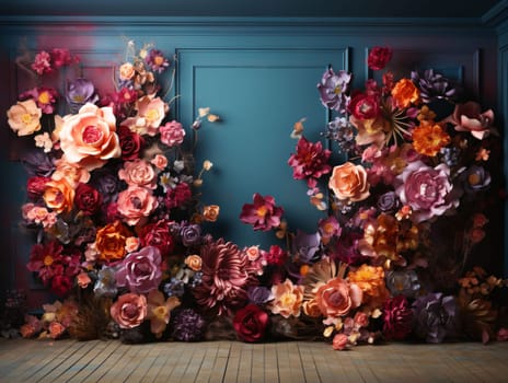 Decorated wall of colorful flowers, in the middle of space for your own content. Graphic with space for your own content.